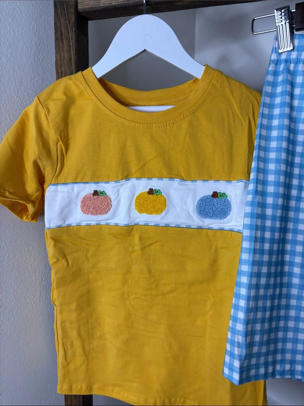 Kids Yellow Pumpkin Patch Set with Blue Gingham Shorts Size 7